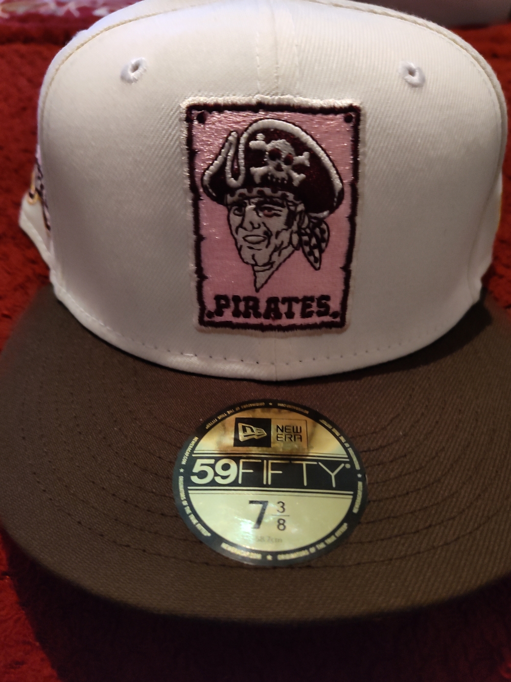 New Era White Crown Pink Pirates Patch Brown Brim Fitted Hat